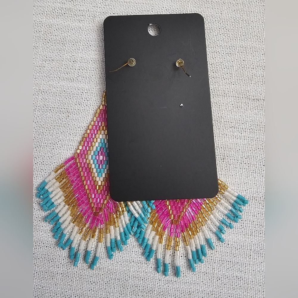 Colorful Boho Chic Beaded Native American Dangle Fringe Earrings 4 Inch NWOT - Picture 8 of 11